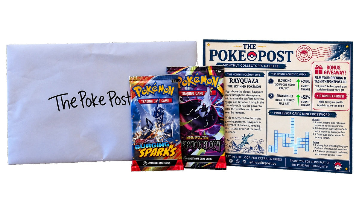 A Champion box from The Poke Post: the hand-addressed envelope, two sealed booster packs, and the monthly insert.