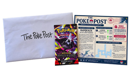 A Trainer box from The Poke Post: the hand-addressed envelope, one sealed booster pack, and the monthly insert.